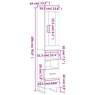 vidaXL Credenza 34,5x34x180 cm in Legno Multistrato Bianco Lucido