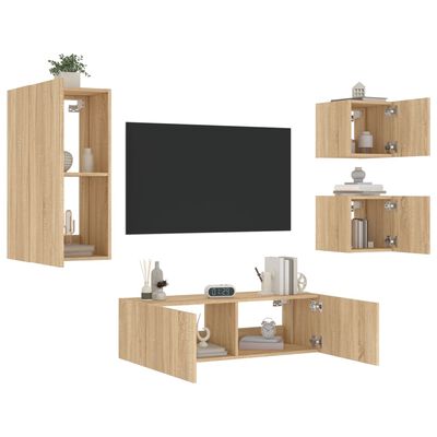 vidaXL Mobili TV a Muro 4pz con Luci LED Rovere Sonoma