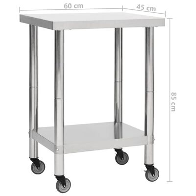 vidaXL Tavolo da Lavoro Cucina con Ruote 60x45x85 cm in Acciaio Inox