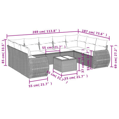 vidaXL Set Divano da Giardino 10 pz con Cuscini Grigio in Polyrattan