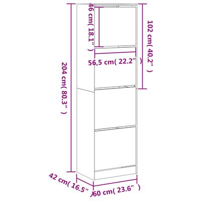 vidaXL Scarpiera 4 Cassetti Ribaltabili Grigio Cemento 60x42x204 cm