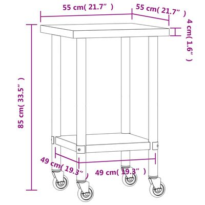 vidaXL Tavolo da Lavoro Cucina con Ruote 55x55x85 cm in Acciaio Inox