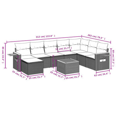 vidaXL Set Divani da Giardino 9 pz con Cuscini Nero in Polyrattan