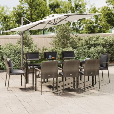 vidaXL Set da Pranzo Giardino 9pz con Cuscini Nero e Grigio Polyrattan