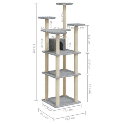 vidaXL Albero per Gatti con Tiragraffi in Sisal Grigio Chiaro 171 cm