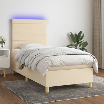 vidaXL Letto a Molle con Materasso e LED Crema 90x200 cm in Tessuto