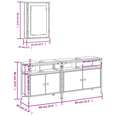 vidaXL Set Mobili da Bagno 3 pz Rovere Fumo in Legno Multistrato