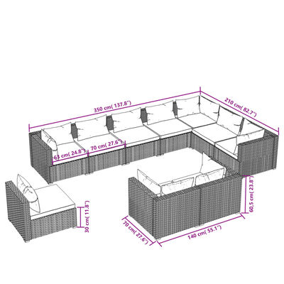 vidaXL Set Divani da Giardino 10 pz con Cuscini in Polyrattan Marrone