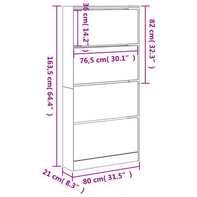 vidaXL Scarpiera 4 Cassetti Ribaltabili Grigio Sonoma 80x21x163,5 cm