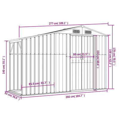 vidaXL Capanno da Giardino Grigio 277x93x179 cm in Acciaio Zincato