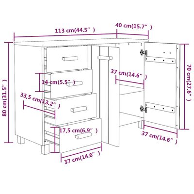 vidaXL Credenza HAMAR Grigio Scuro 113x40x80 cm Legno Massello di Pino