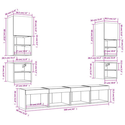 vidaXL Mobili TV a Muro con LED 8pz Rovere Fumo in Legno Multistrato