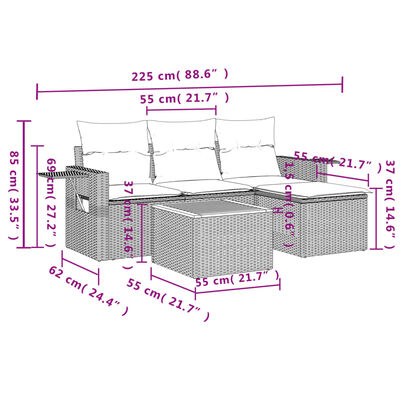 vidaXL Set Divani da Giardino 5 pz con Cuscini in Polyrattan Nero