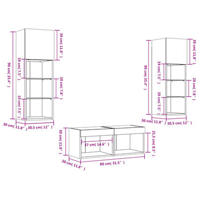 vidaXL Mobili TV a Muro 4pz con Luci LED Grigio Sonoma