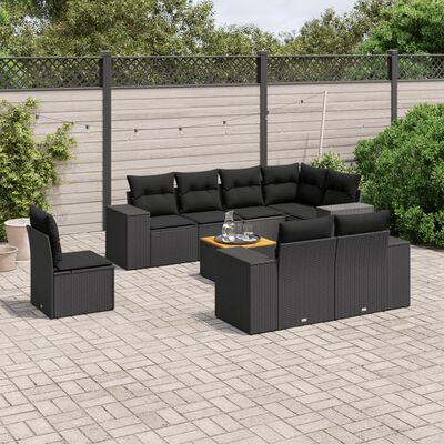 vidaXL Set Divani da Giardino 9 pz con Cuscini Nero in Polyrattan