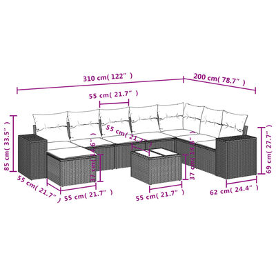 vidaXL Set Divano da Giardino 9 pz con Cuscini Beige in Polyrattan