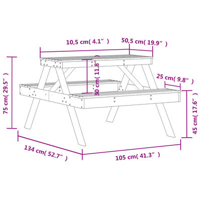 vidaXL Tavolo da Picnic 105x134x75 cm in Legno Massello di Douglas