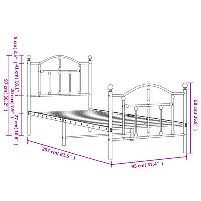 vidaXL Giroletto con Testiera e Pediera Metallo Nero 90x200 cm