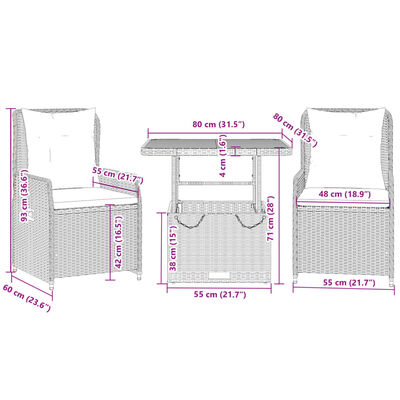 vidaXL Set da Bistrò 3 pz con Cuscini Grigio in Polyrattan