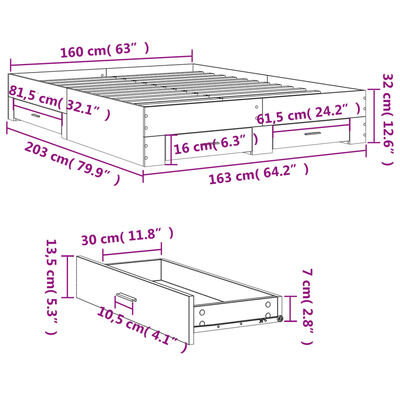 vidaXL Giroletto Cassetti Rovere Marrone 160x200 cm Legno Multistrato