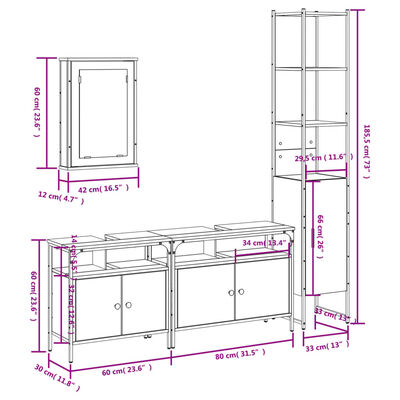 vidaXL Set Mobili da Bagno 4 pz Grigio Sonoma in Legno Multistrato