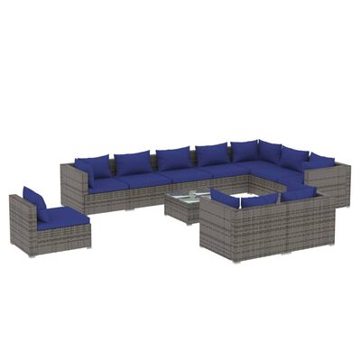 vidaXL Set Divani da Giardino 11 pz con Cuscini in Polyrattan Grigio