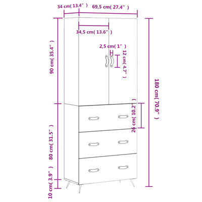 vidaXL Credenza Bianco Lucido 69,5x34x180 cm in Legno Multistrato