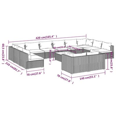 vidaXL Set Divani da Giardino 13 pz con Cuscini in Polyrattan Marrone