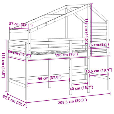 vidaXL Letto Soppalco con Scala e Tetto 80x200 cm Legno Massello Pino