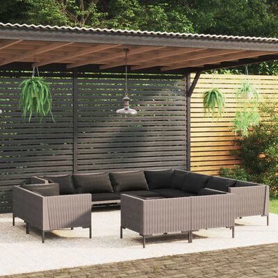 vidaXL Divani da Giardino 11 pz con Cuscini in Polyrattan Grigio Scuro