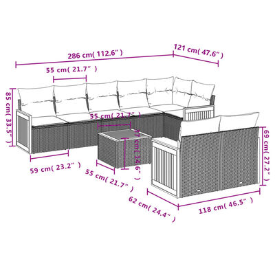 vidaXL Set Divano da Giardino 9 pz con Cuscini Grigio in Polyrattan