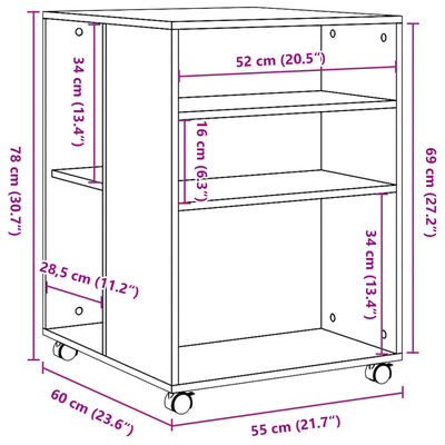 vidaXL Tavolino con Ruote Grigio Cemento 55x60x78 cm in Truciolato