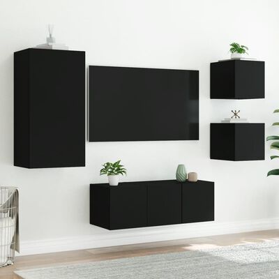 vidaXL Mobili TV a Muro con LED 5pz Neri in Legno Multistrato