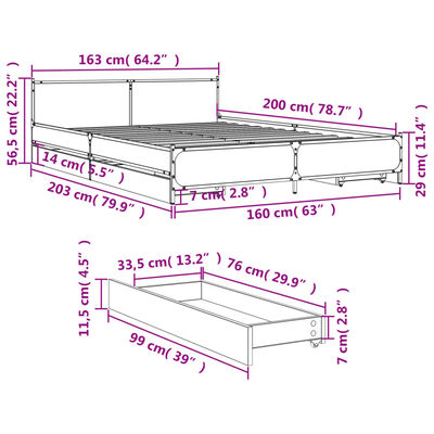 vidaXL Giroletto con Cassetti Rovere Fumo 160x200 cm Legno Multistrato