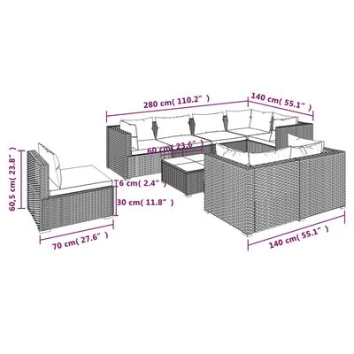 vidaXL Set Divani da Giardino 9 pz con Cuscini in Polyrattan Marrone