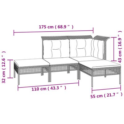 vidaXL Set Divani da Giardino 4 pz con Cuscini in Polyrattan Grigio