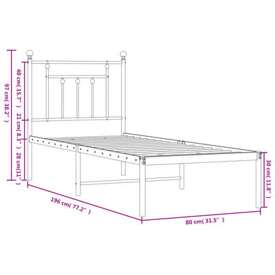 vidaXL Giroletto senza Materaso con Testiera Metallo Bianco 75x190 cm