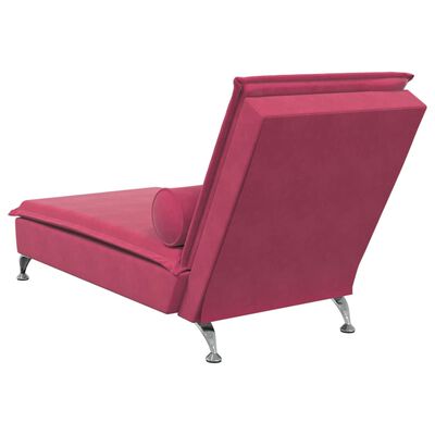 vidaXL Chaise Longue Massaggi con Cuscino a Rullo Rosso Vino Velluto