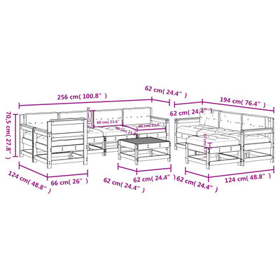 vidaXL Set Divani da Giardino 10 pz con Cuscini Legno Massello Grigio