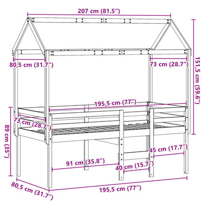 vidaXL Letto a Soppalco con Tetto 75x190 cm in Legno Massello di Pino