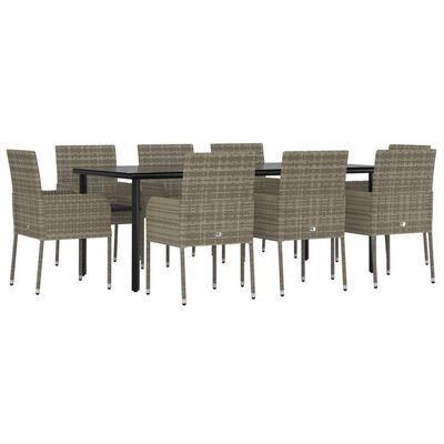 vidaXL Set da Pranzo Giardino 9pz con Cuscini Nero e Grigio Polyrattan