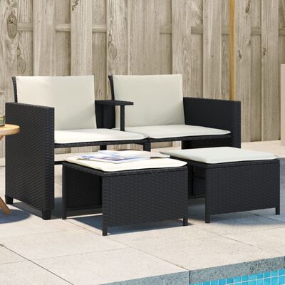 vidaXL Divano Giardino 2 Posti con Tavolo e Sgabelli Nero Polyrattan