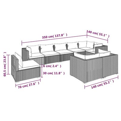 vidaXL Set Divani da Giardino 9 pz con Cuscini in Polyrattan Marrone