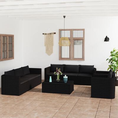 vidaXL Set Divani da Giardino 10 pz con Cuscini in Polyrattan Nero