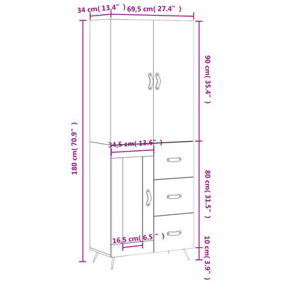 vidaXL Credenza Bianco Lucido 69,5x34x180 cm in Legno Multistrato