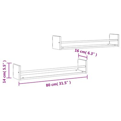 vidaXL Mensole a Parete con Aste 2pz Rovere Sonoma 80x16x14 cm