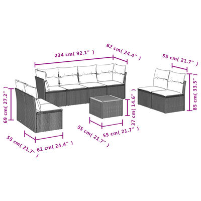 vidaXL Set Divani da Giardino 9 pz con Cuscini Nero in Polyrattan