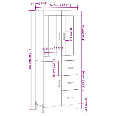 vidaXL Credenza Grigio Cemento 69,5x34x180 cm in Legno Multistrato