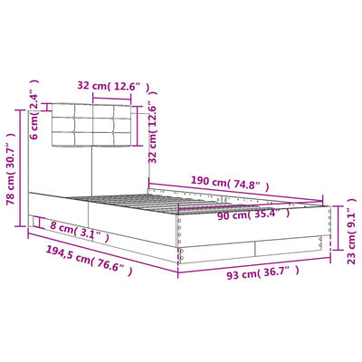 vidaXL Giroletto con Testiera Rovere Fumo 90x190 cm Legno Multistrato