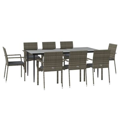 vidaXL Set da Pranzo Giardino 9pz con Cuscini Nero e Grigio Polyrattan